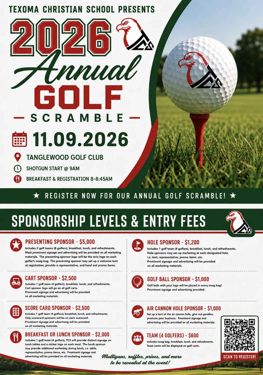 TCS 2026 Annual Golf Scramble - November 9, 2026 at Tanglewood Golf Club, with sponsorship levels and entry fees